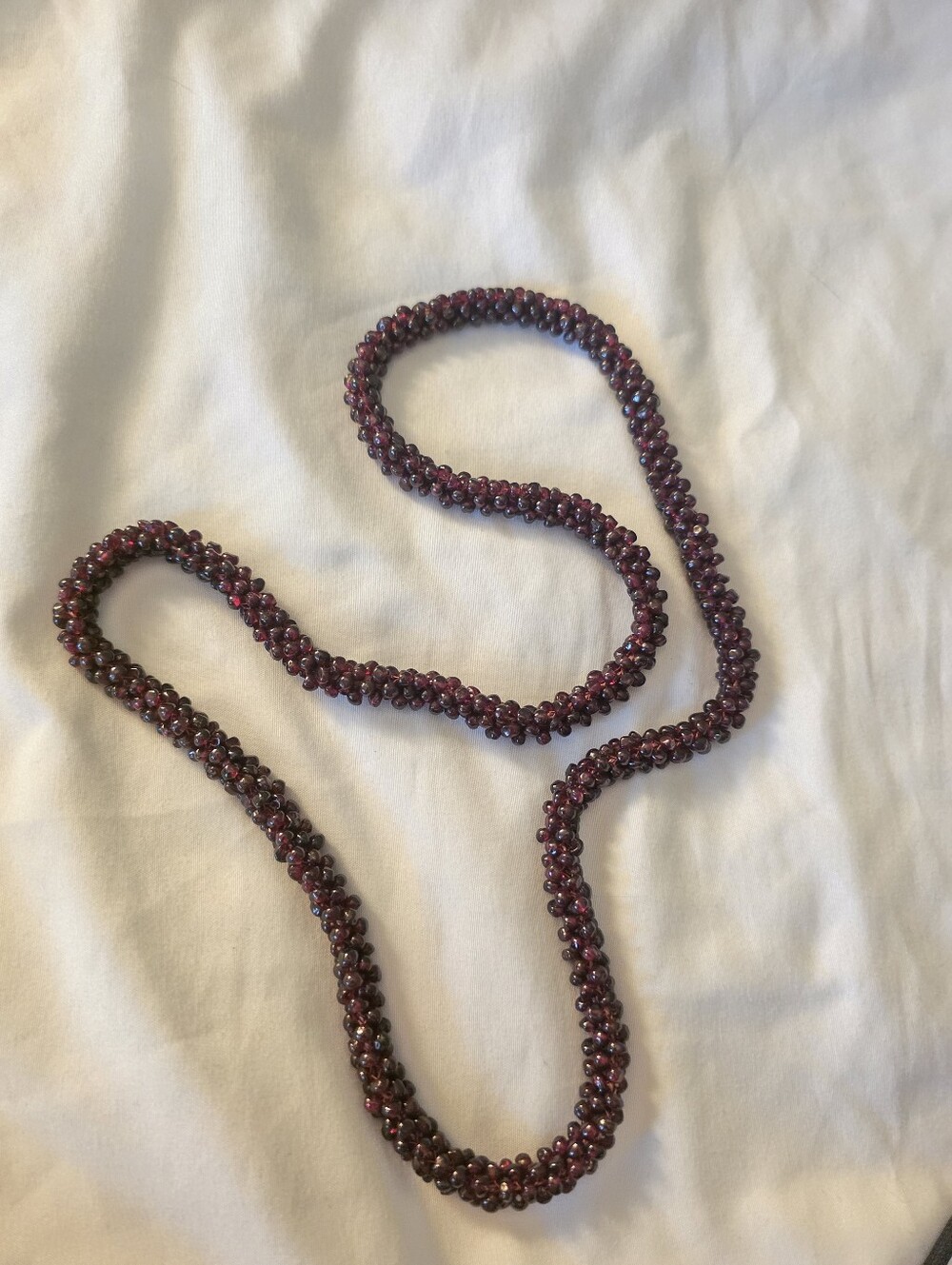 Long Handmade Garnet  Beaded Rope Necklace - Deep Red